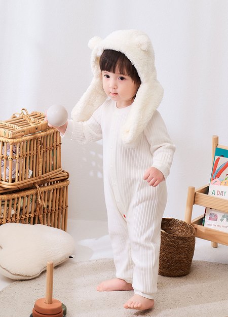 BABY百褶羅紋長袖連身衣-白色4