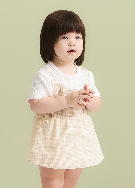 BABY假兩件吊帶包屁洋裝-淺黃1