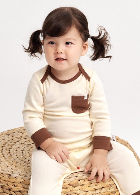 BABY Q彈配色長袖連身衣-米色2