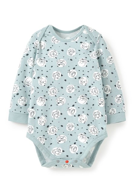 BABY迪士尼Q彈棉質長袖包屁衣-點點貓狗-藍綠1