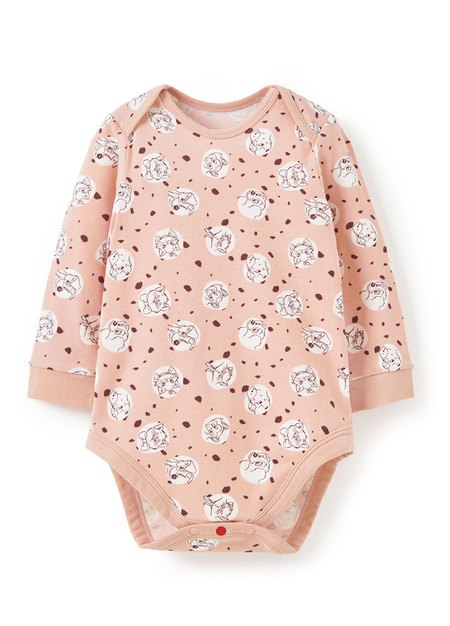 BABY迪士尼Q彈棉質長袖包屁衣-點點貓狗-粉橘1