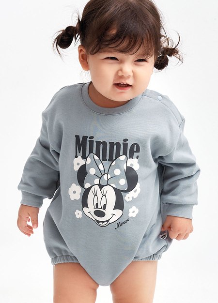 BABY迪士尼毛圈寬鬆包屁衣-花朵米妮-灰藍1