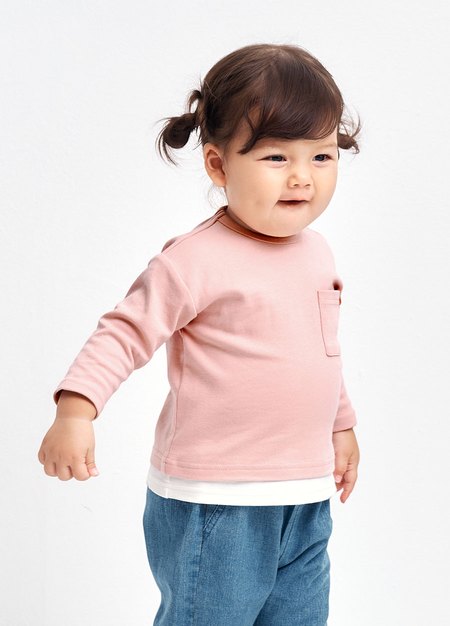 BABY假兩件長袖T恤-淺粉3