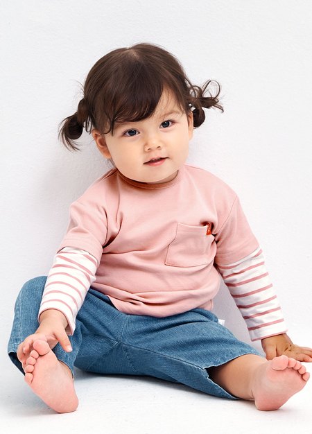 BABY假兩件長袖T恤-淺粉1