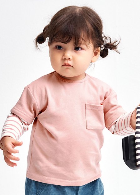 BABY假兩件長袖T恤-淺粉2