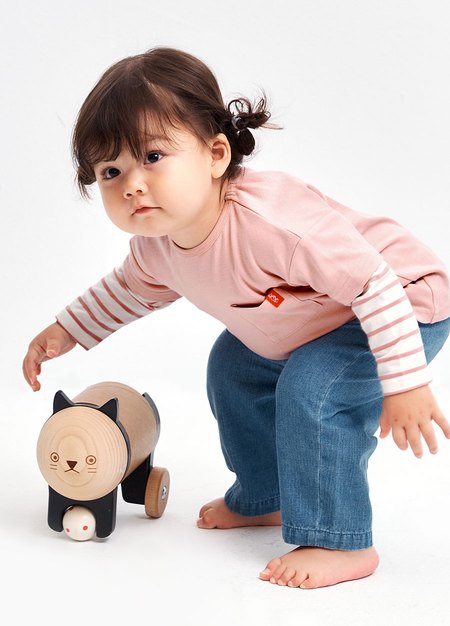 BABY假兩件長袖T恤-淺粉3