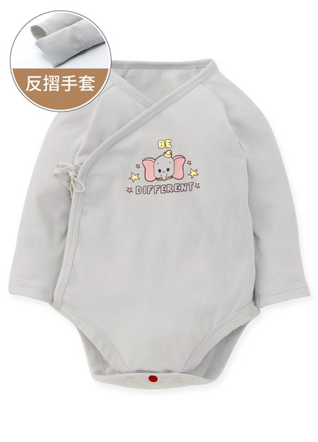 新生兒迪士尼Q彈棉質長袖包屁衣-小飛象-灰藍1