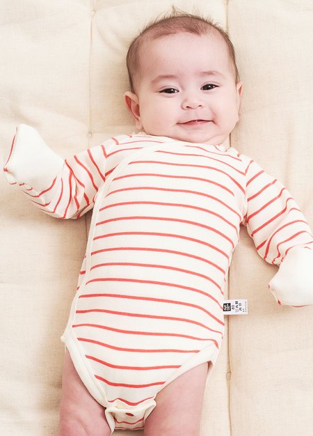 新生兒Q彈橫紋長袖包屁衣-粉橘2