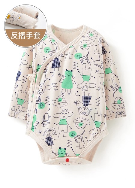 新生兒Q彈棉質長袖包屁衣-童趣線條-綠色1