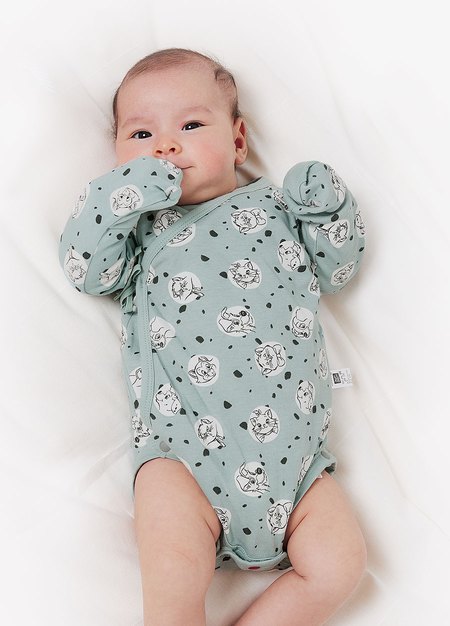 新生兒迪士尼Q彈棉質長袖包屁衣-點點貓狗-藍綠4