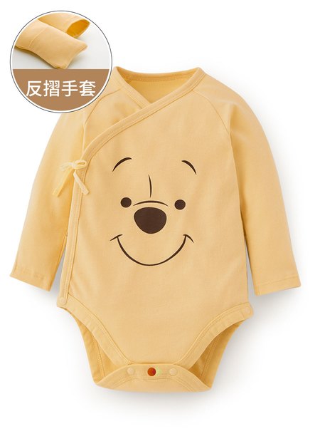 新生兒迪士尼蓄熱保溫長袖包屁衣-維尼-黃色1