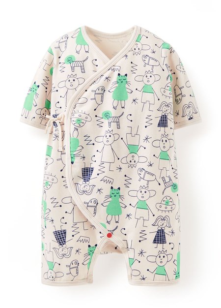 新生兒短袖連身包屁衣-童趣線條-綠色1