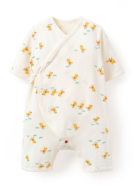 新生兒 短袖連身包屁衣-小雞-米色1