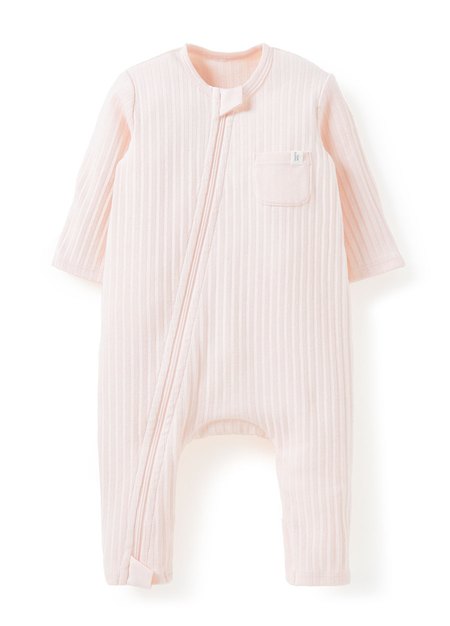 新生兒百褶羅紋雙拉鍊長袖連身衣(附帽子)-淺粉3