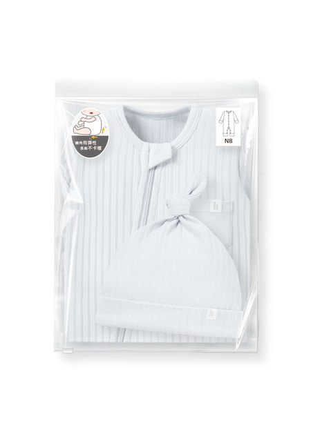 新生兒百褶羅紋雙拉鍊長袖連身衣(附帽子)-淺灰4