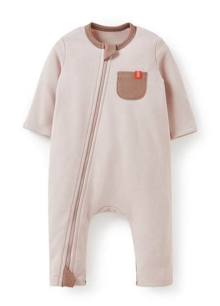 新生兒撞色拉鍊長袖連身衣-卡其2