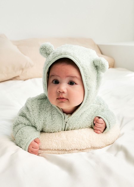 新生兒造型絨毛拉鍊長袖連身衣-淺綠3