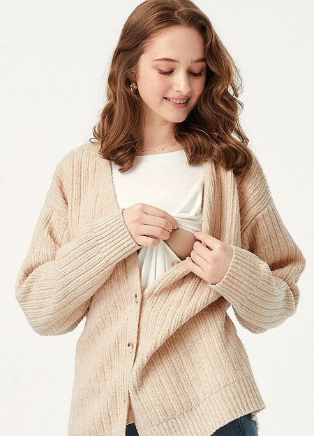 V領開襟孕哺針織衫(兩穿)-米色2