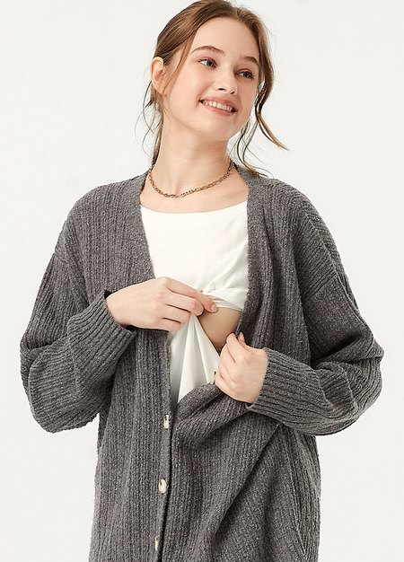 V領開襟孕哺針織衫(兩穿)-深灰2