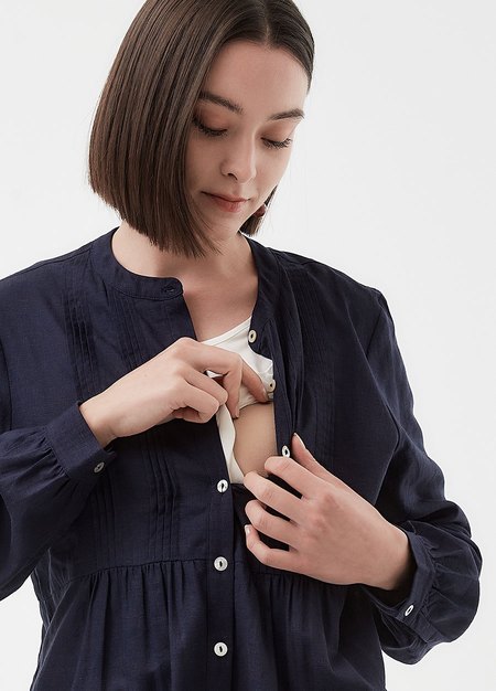 氣質壓褶剪接孕哺襯衫(兩穿)-深藍2