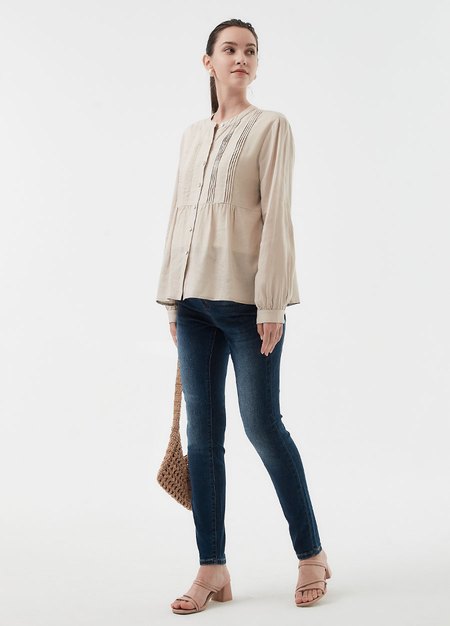 氣質壓褶剪接孕哺襯衫(兩穿)-米色4