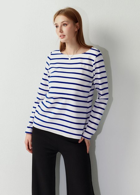 船領橫紋孕哺上衣-藍色1
