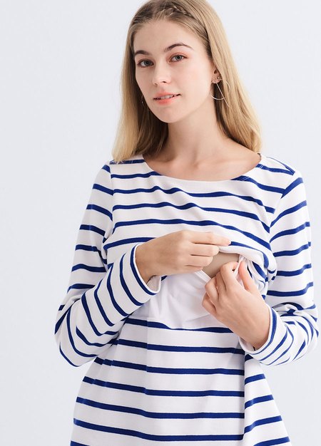 船領橫紋孕哺上衣-藍色2
