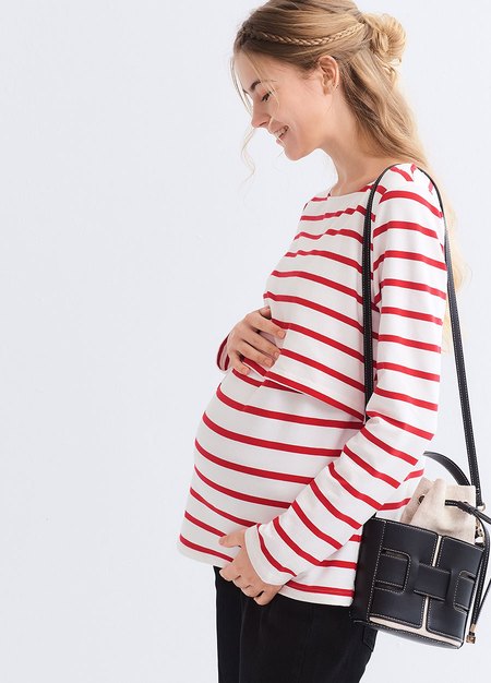 船領橫紋孕哺上衣-紅色3