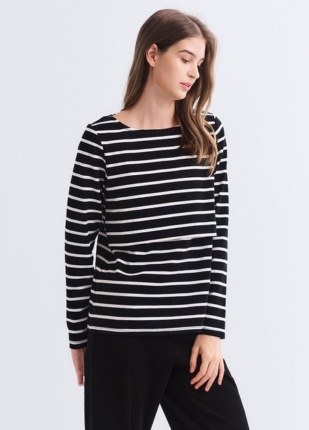 船領橫紋孕哺上衣-黑色3