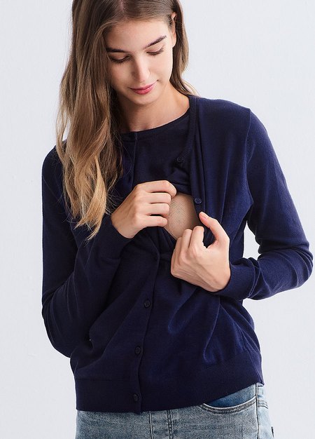 圓領開襟孕哺針織衫(兩穿)-深藍2