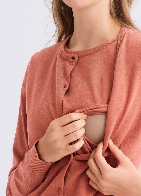圓領開襟孕哺針織衫(兩穿)-深粉2
