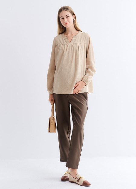 小V領細褶孕哺上衣-卡其4