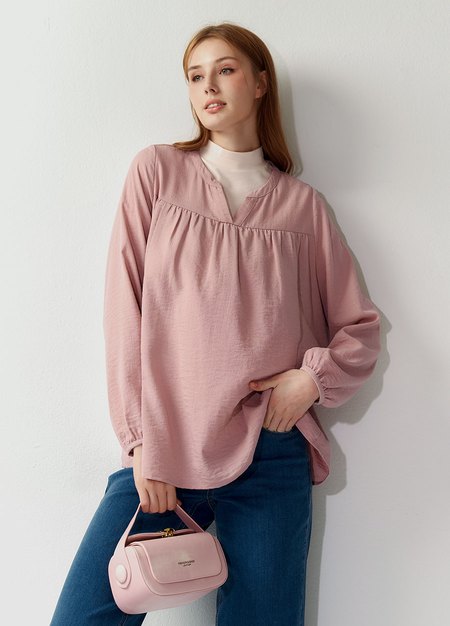 小V領細褶孕哺上衣-淺粉1