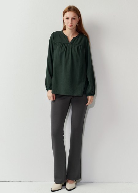 小V領細褶孕哺上衣-深綠4