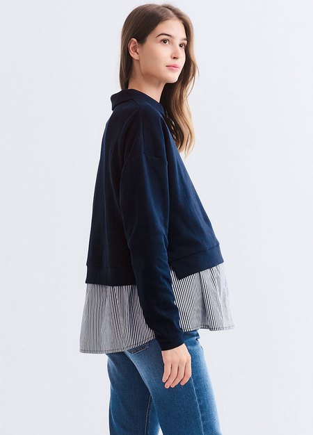 假兩件翻領傘襬孕哺上衣-深藍3