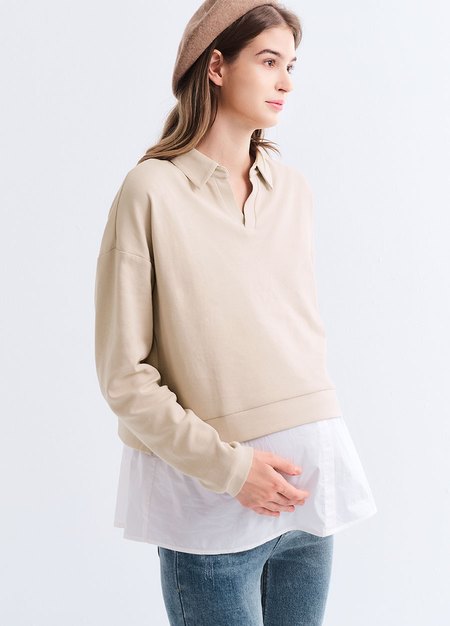 假兩件翻領傘襬孕哺上衣-米色4