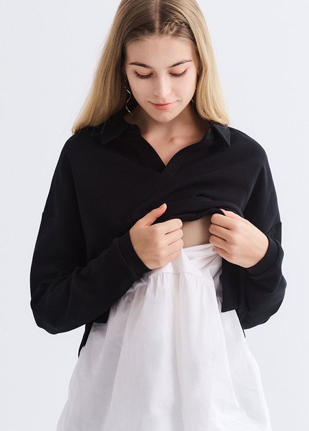 假兩件翻領傘襬孕哺上衣-黑色2