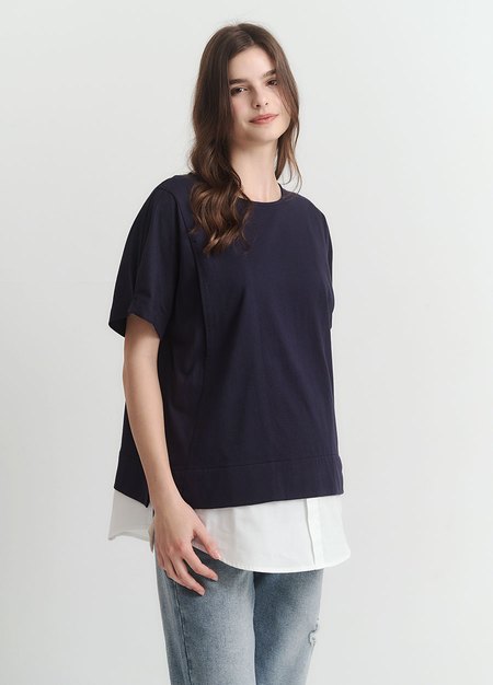 棉質假兩件孕哺上衣-深藍3