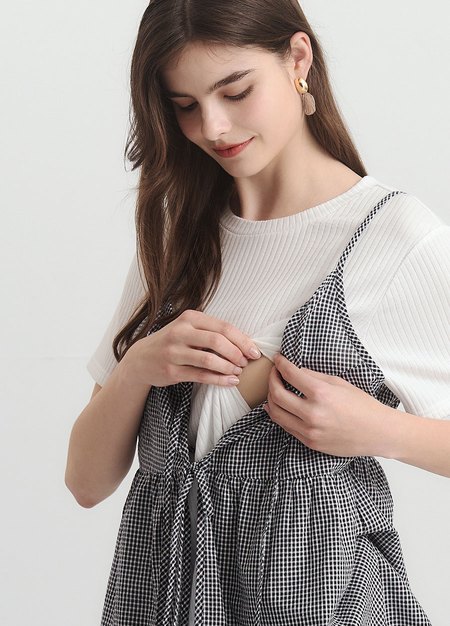 假兩件細肩帶綁帶孕哺上衣-黑色2