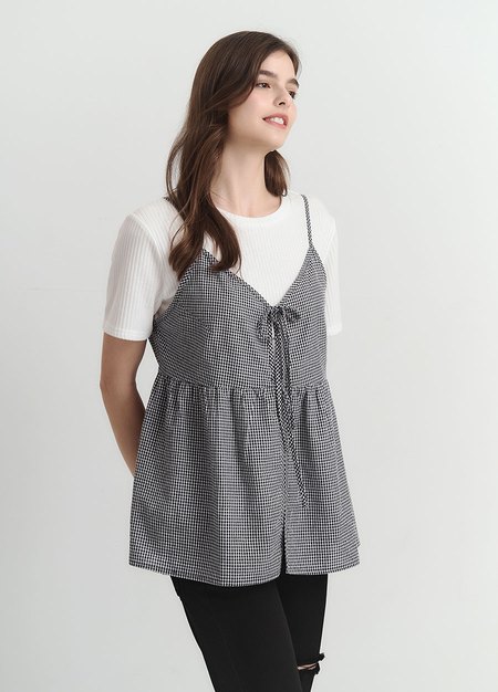 假兩件細肩帶綁帶孕哺上衣-黑色3