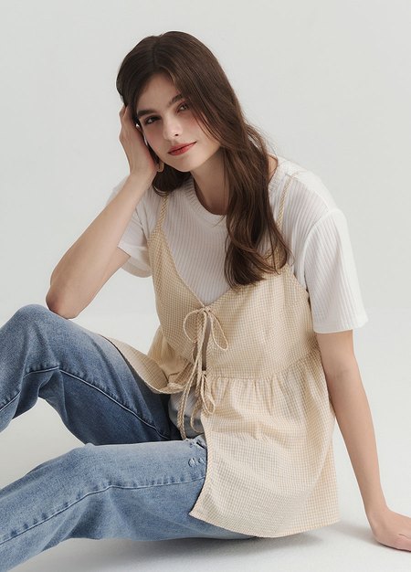 假兩件細肩帶綁帶孕哺上衣-淺黃1