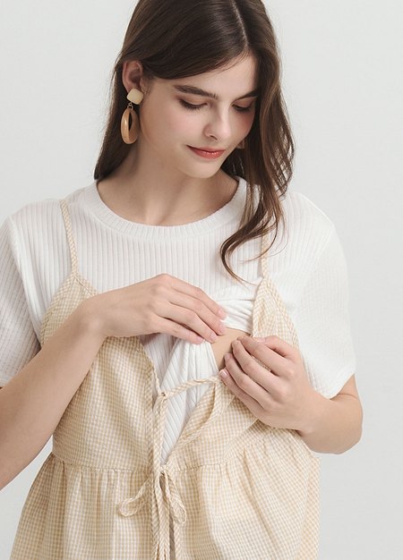 假兩件細肩帶綁帶孕哺上衣-淺黃2