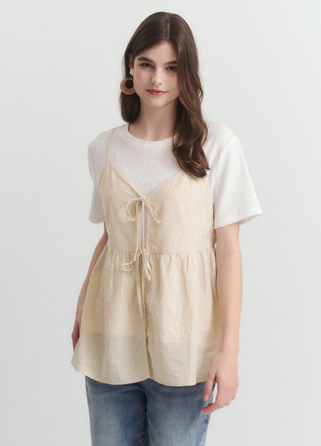 假兩件細肩帶綁帶孕哺上衣-淺黃4