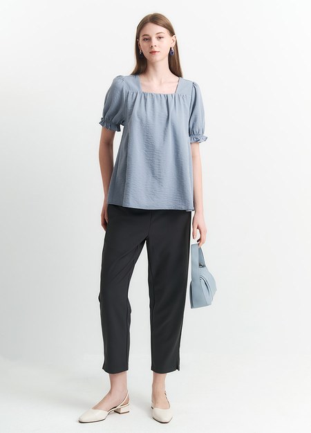 優雅方領蓬袖孕哺上衣-藍色1