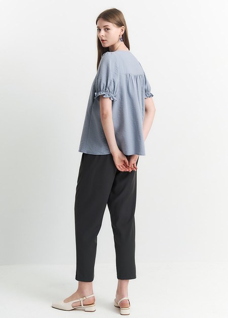 優雅方領蓬袖孕哺上衣-藍色3