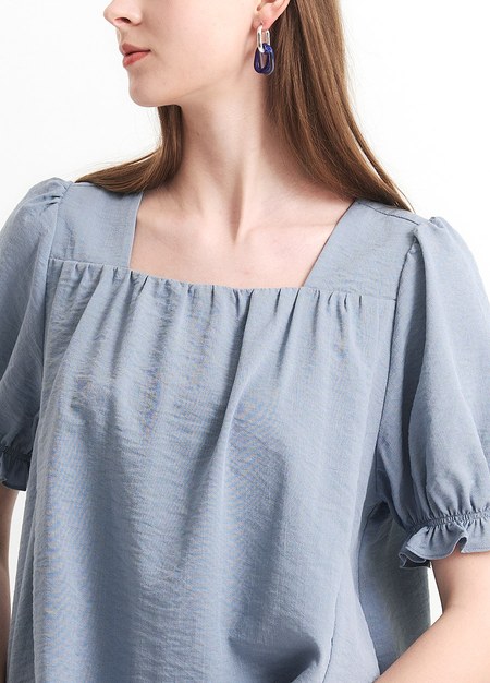 優雅方領蓬袖孕哺上衣-藍色4