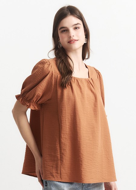 優雅方領蓬袖孕哺上衣-駝色4