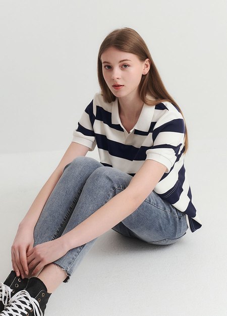 V領翻領橫紋孕哺上衣-深藍1