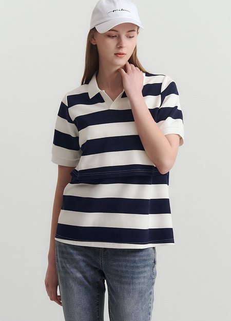 V領翻領橫紋孕哺上衣-深藍3