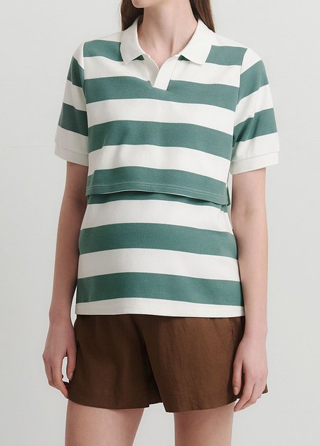 V領翻領橫紋孕哺上衣-淺綠4